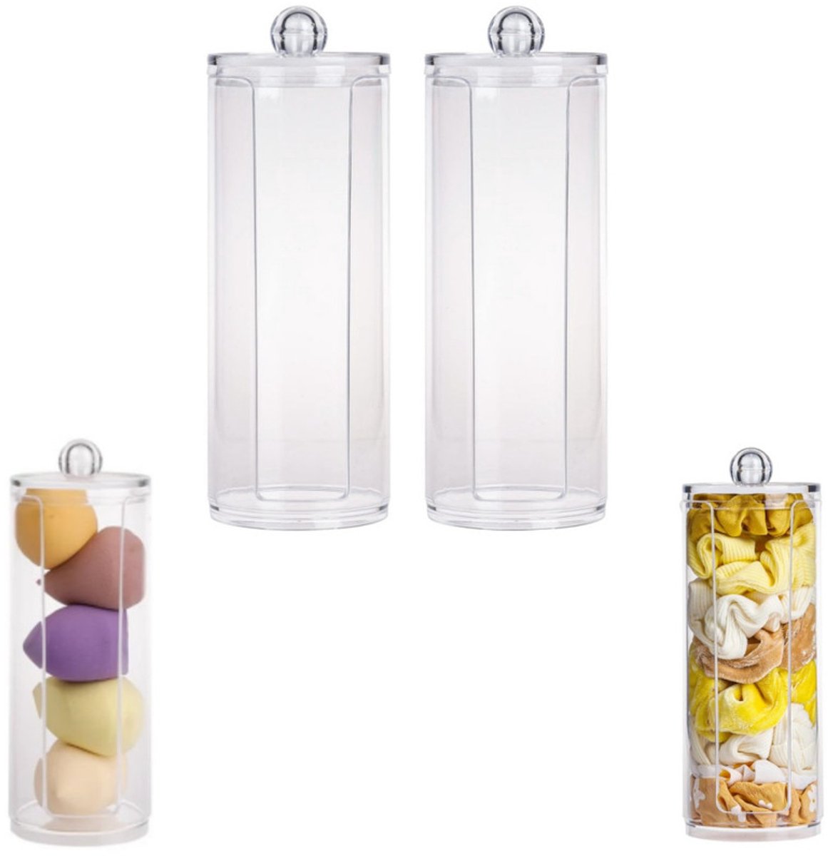 2 stuks - Opbergrek voor haarelastiekjes met deksel - Display en opbergrek voor haarelastiekjes - Opbergdoos voor cosmetische pads - Transparant - 6,8*6,8*19 cm - Geschikt voor haaraccessoires, cosmetische pads en make-upeieren