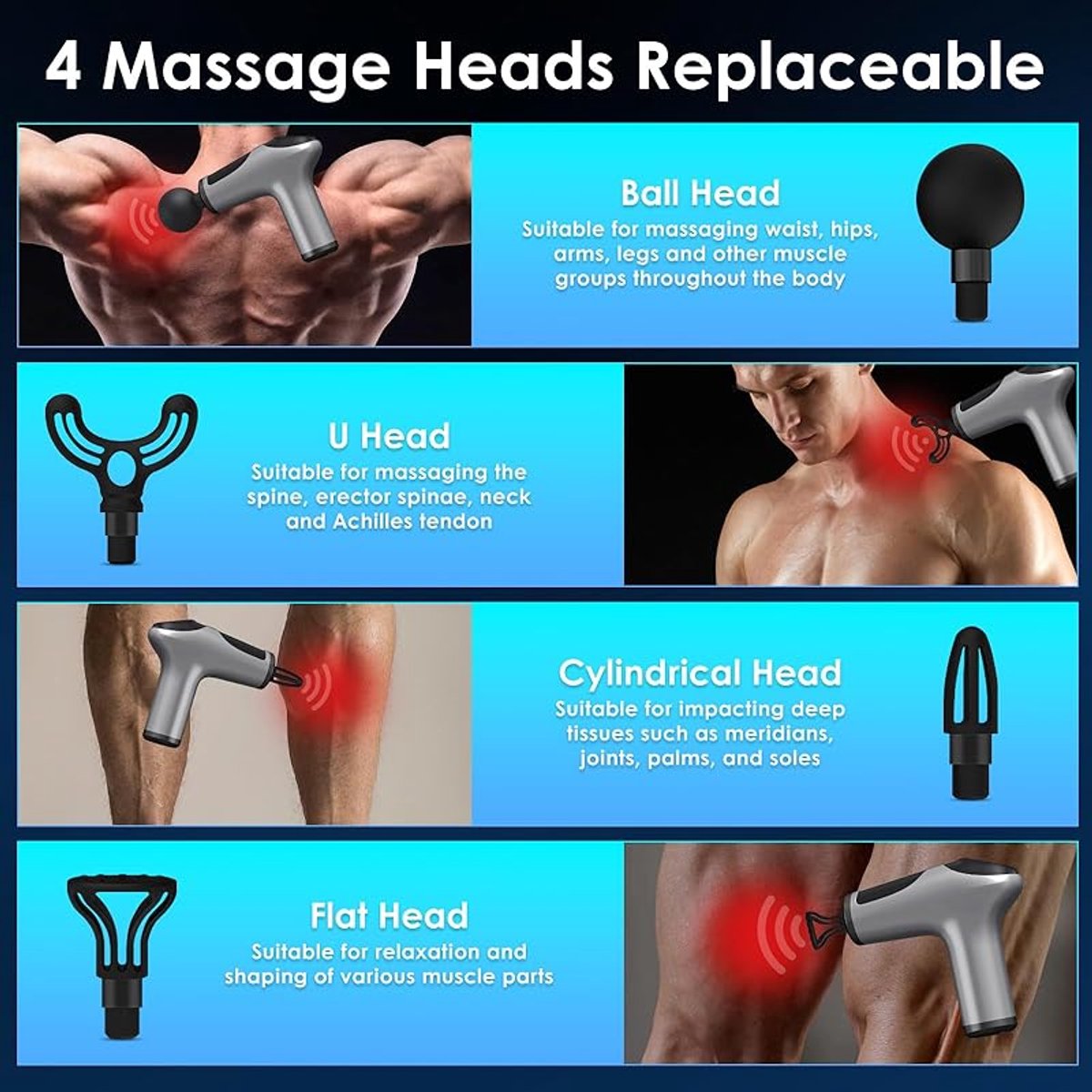 Afbeelding 2 van Spiermassagepistool, spiermassagepistool, 3200 tpm geluidsarm massagepistool, impactmassager, uitgerust met 6 snelheidsregeling, 4 massagekoppen, voor het verlichten van spierpijn