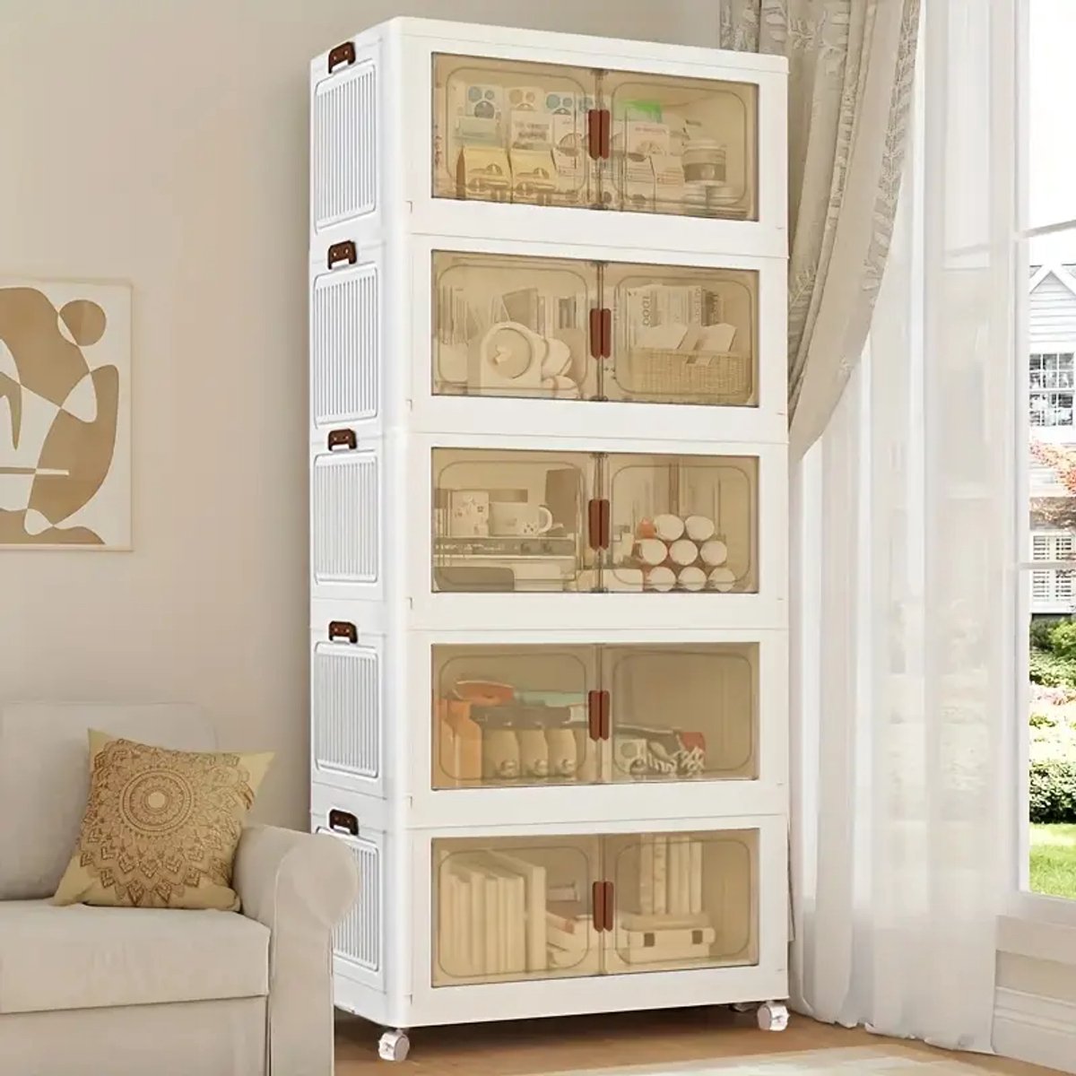 5 Lagen Opbergdozen met Deksel - 135L Opbergdozen Opbergkast Opvouwbaar - Opbergkasten met wielen en deuren - Breedte 45cm- Opbergen Organizer stapelboxen - Opruimen - Keuken - Badkamer - Woonkamer - Slaapkamer