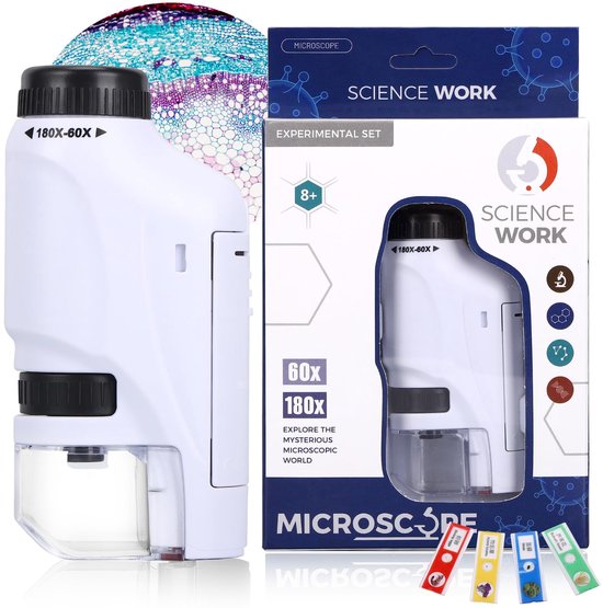 Mini microscope portable pour enfants - Mini microscope de poche éclairé par LED 60x-180x - Avec 4 lames - Idéal pour l'exploration pratique par les élèves - Wit