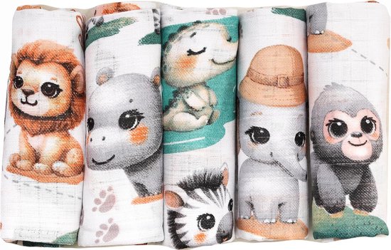 FENSILO Hydrofiele Luiers – 5-Pack – 100% Katoen – 70x80 cm – Hydrofiele doeken - Groen met Dierenmotief