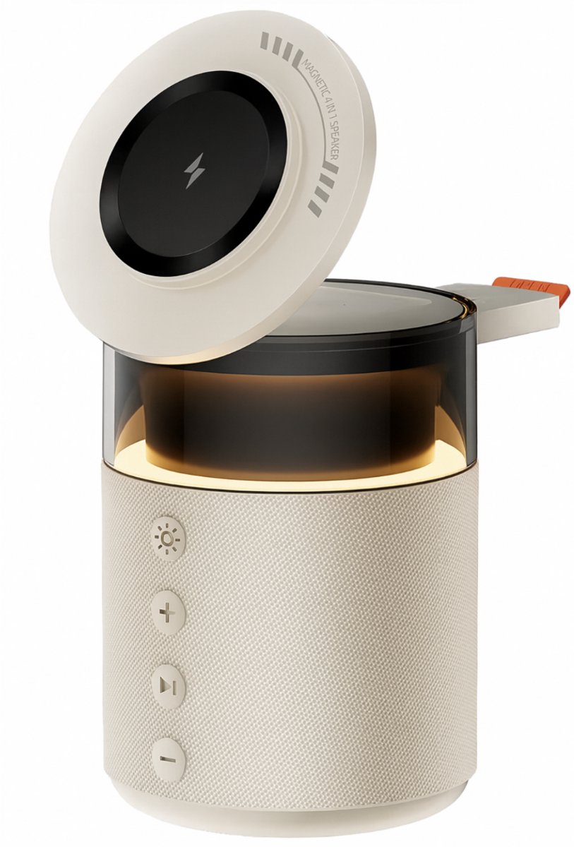 5-in-1 Draadloze Oplader 15W met Speaker & Nachtlamp - Bluetooth 5.4 - Transmissie 10m - Magnetisch Snellader - Universeel