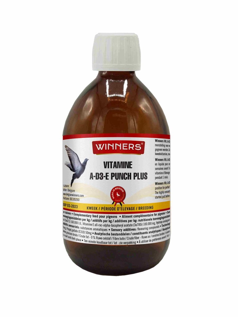 Belgian Winners Vit. A-D3-E Punch plus 250ml - supplement voor duiven - kweek, vruchtbaarheid, groei, conditie