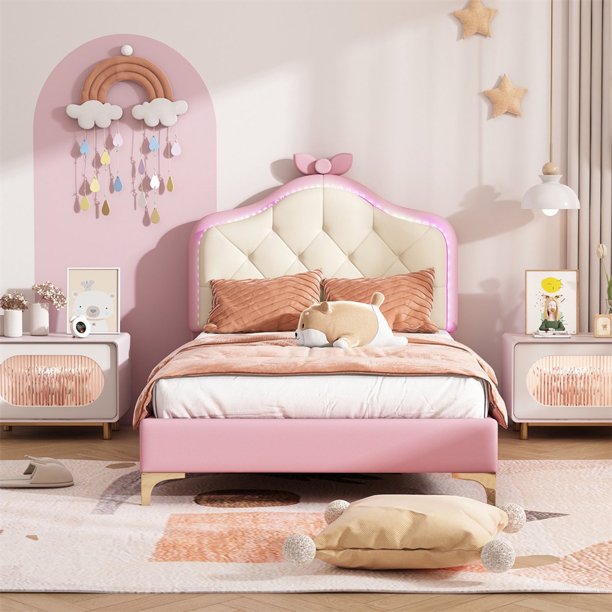 YEHTOKHOME Kinderbed eenpersoonsbed 90x200cm - Golvend hoofdeinde met trekpunten - Roze strik - LED-verlichting - Houten lattenbodem - PU kunstleer - Meisjesbed princess bed - Wit/Roze - Zonder matras