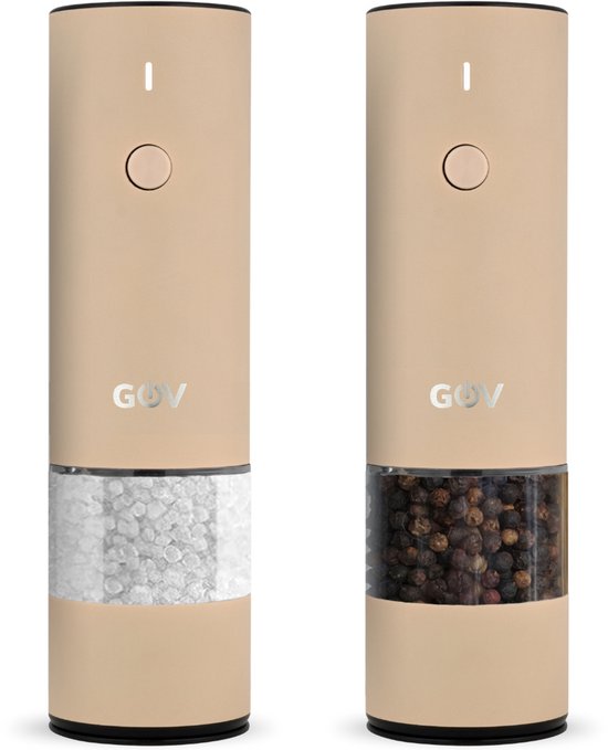 GOV® Peper- en Zoutstel Elektrisch - Beige - RVS Regular - Oplaadbaar - Pepermolen - Cadeau - Set- Roestvrijstaal - Keramische Maler - Verlichting - Zoutmolen