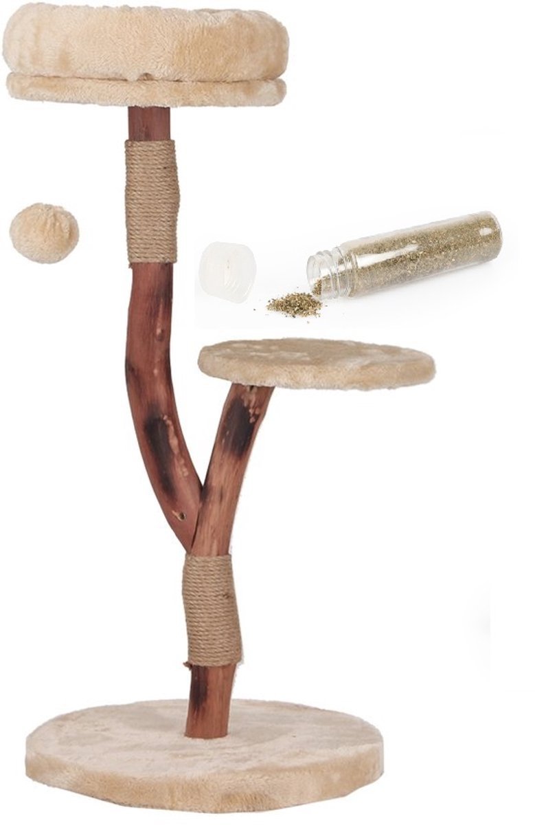 Houten Krabpaal Natural wood Beige – incl catnip – 46x40x86cm