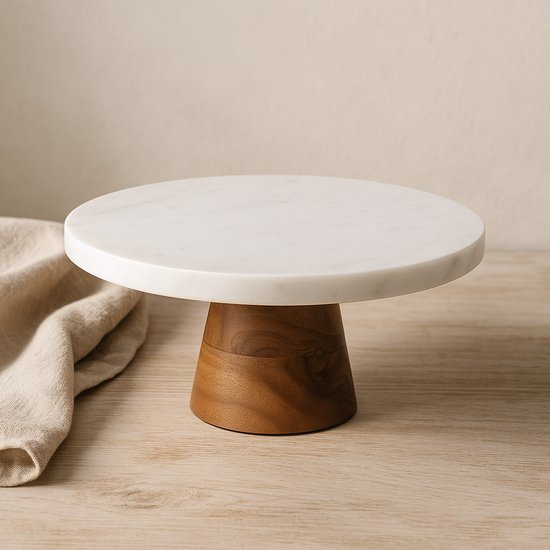 Clayre & Eef Etagère 30x18 cm Bruin Wit Hout Rond Taartplateau op voet Serveerschaal