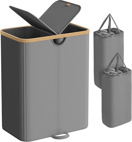 SONGMICS Wasmand met deksel, 2 compartimenten, 120 liter, bamboe wasmand, opvouwbaar, afneembaar en machinewasbaar, waszak met handgrepen, voor wasruimte, slaapkamer, natuurlijke kleur LCB014Y01