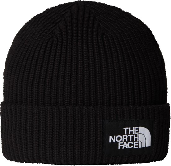 Bonnet noir tricoté avec une étiquette noire ornée du logo blanc The North Face.