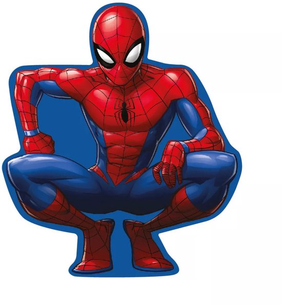 Spiderman in rode en blauwe outfit gehurkt met spinnenwebpatroon, witte ogen en zwarte spin op de borst.