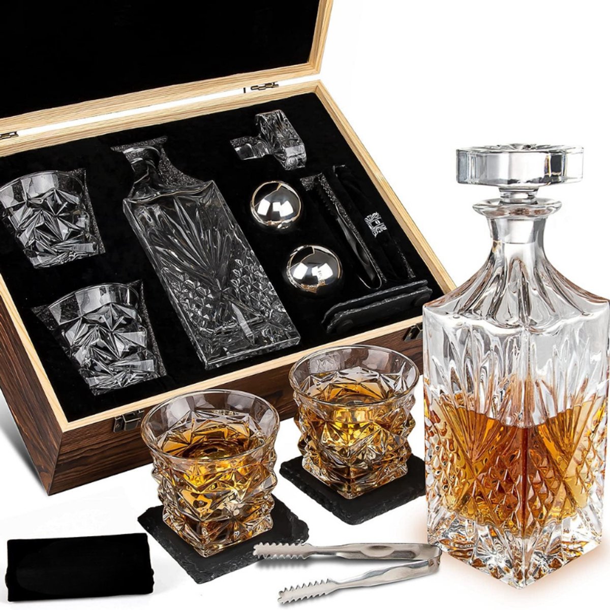 Whiskey Geschenken Voor Mannen - Luxe Whiskey Set Met Karaf - 2 Kristallen Glazen - 2 Herbruikbare RVS Whiskey Ballen - Leisteen Onderzetters - Origineel Cadeau Voor Hem