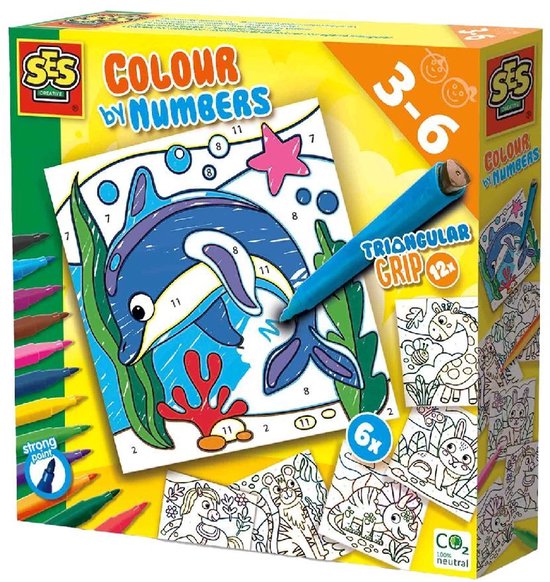 SES Creative – Kleuren op Nummers – Driehoek Grip Stiften – 6 Grote Kleurplaten – 12 Uitwasbare Stiften – Vanaf 3 jaar