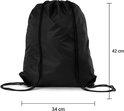 Afmetingen van de zwarte gymtas met trekkoord: 42 cm hoog en 34 cm breed.