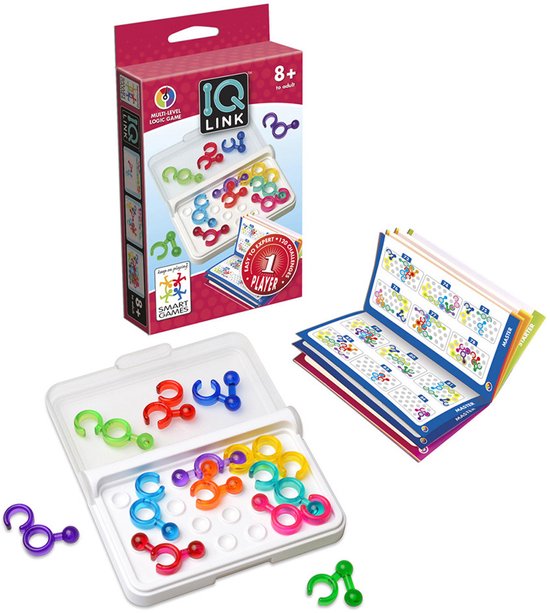 Doos van IQ Link, 1-persoons logisch spel, met spelonderdelen, doosje en boekje met puzzels.