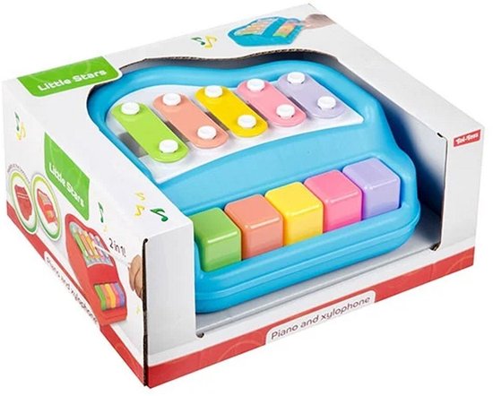 Piano et xylophone pour bébé "Little Stars" en emballage, bleu avec touches colorées.