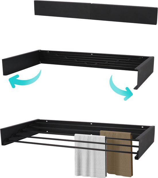 KROMS Étendoir mural Zwart 80cm - AVEC GABARIT DE PERÇAGE - Étendoir Pliable - Wasrek suspendu - Pliable - Mur - Peut être suspendu - Longueur de séchage 4m