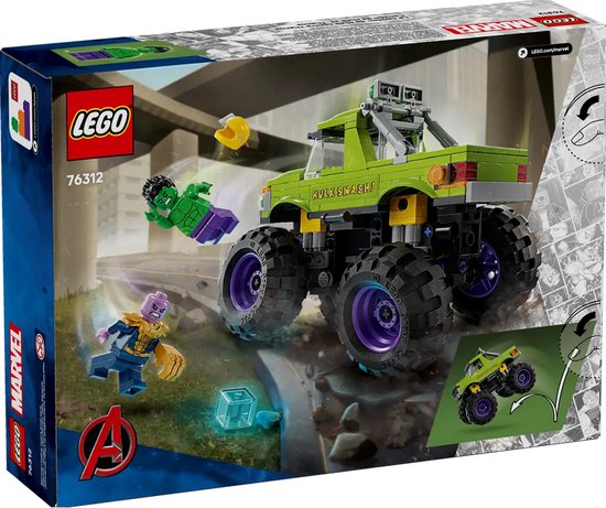 Doos van LEGO Marvel De Hulk Truck vs. Thanos speelgoed.