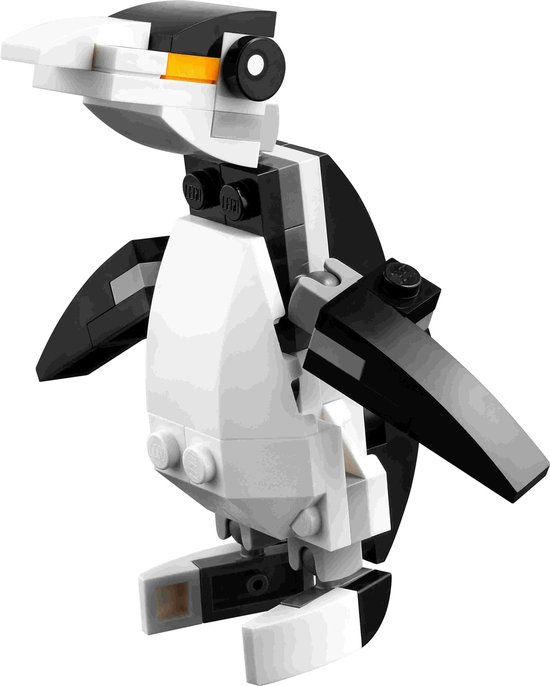 Een pinguïn van zwarte, witte en grijze LEGO-stenen, met een oranje detail.