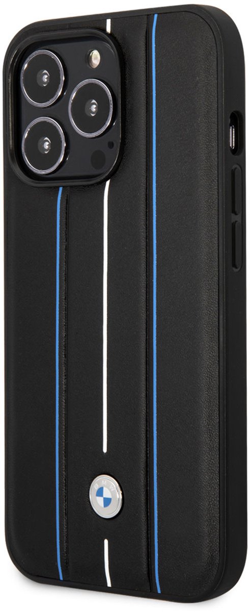 BMW iPhone 14 Pro Back cover case - Leather Signature - Hot Stamp Lines Blue - Black