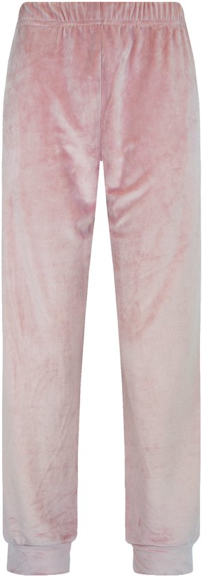 Een lichtroze fluwelen joggingbroek, recht model met elastische tailleband en manchetten.