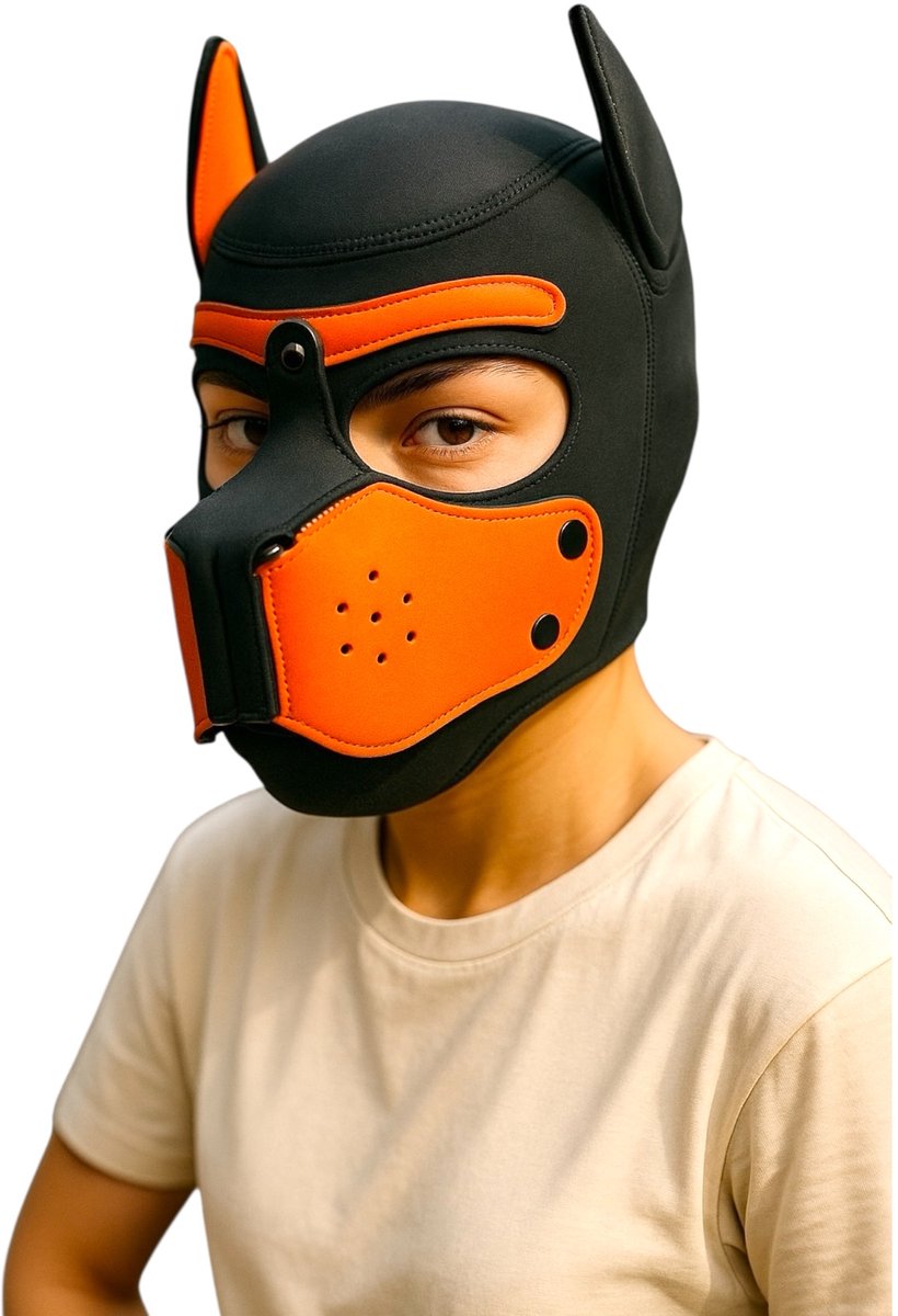 Hondenmasker Oranje Zwart – Puppy Play Masker – Verstelbaar & Comfortabel – Uniseks BDSM Accessoire – Kinky Pleasure®