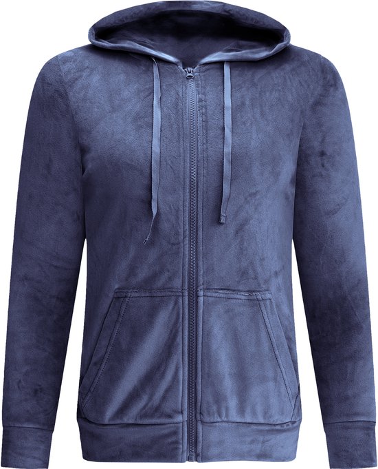 Donkerblauw fluwelen hoodie met capuchon en rits.