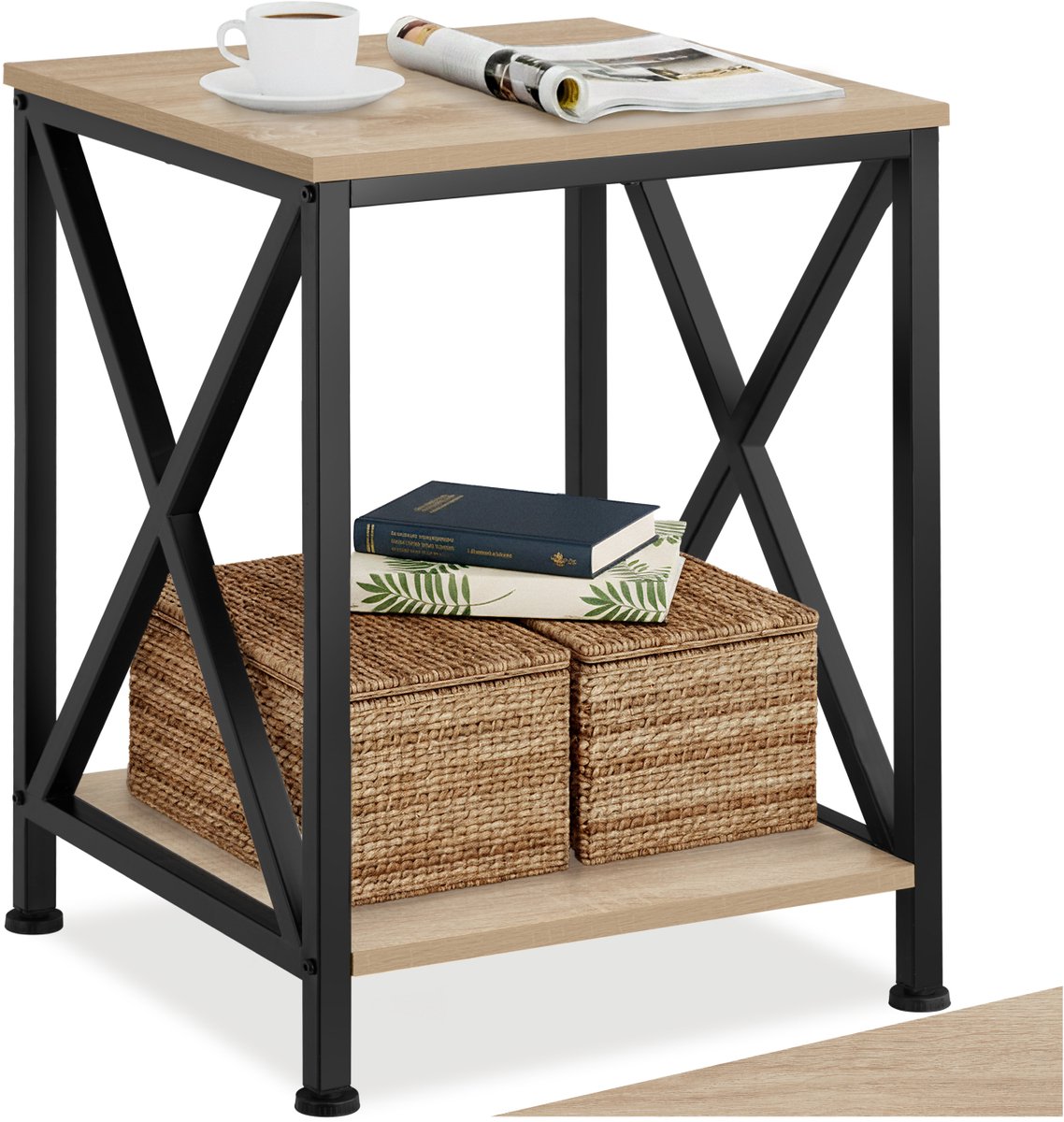 Tectake Bijzettafel met 2 Niveaus – Nachtkastje van Hout en Metaal, X-Vormige Spijlen, Industrieel Design, Vintage Salontafel, Zwart Metalen Frame – Licht Sonoma Eiken Lichtbruin - Eiken Sonoma