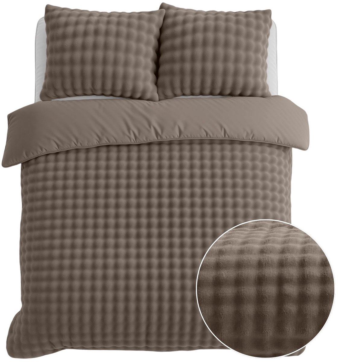 Droomtextiel Flanel Fleece Dekbedovertrek Pompom - taupe - 200x200/220