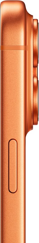Vue latérale de l'iPhone orange, montrant les boutons et le module caméra sur la tranche.