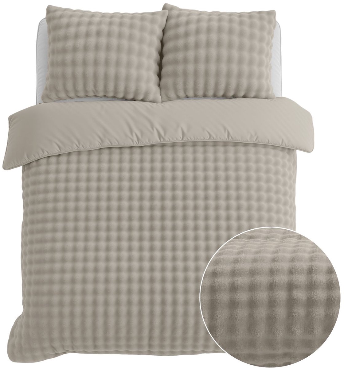 Droomtextiel Flanel Fleece Dekbedovertrek Pompom - beige - 240x200/220