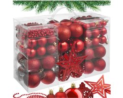 tectake® Set van 84 Kerstballen, 1 Parelsnoer en Kerstster Piek - Mat, Glanzend en Glinsterend Oppervlak - Kerstballen van Robuust Plastic - Kerstversiering met Opbergbox - Kerstboomversiering in Verschillende Maten - Rood