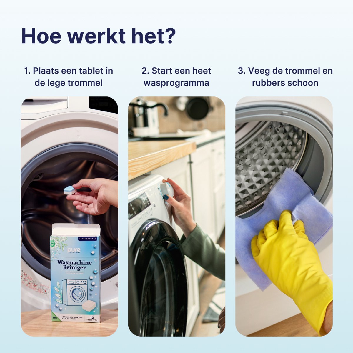 Pure Laundry Club Wasmachine Reiniger Tabletten - Jaarvoorraad (12 Stuks) - Voor Stinkende Wasmachines - Verwijdert Muffe Geurtjes, Kalk & Vetluis - 100% Plasticvrij — afbeelding 7