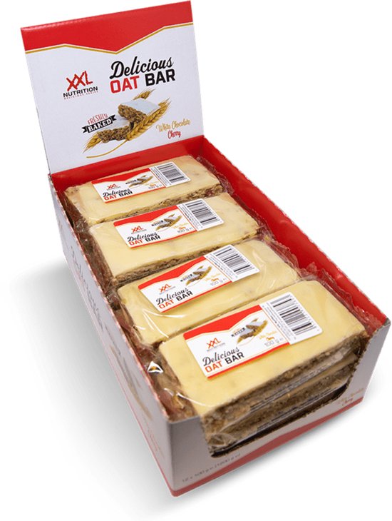 Foto: Xxl nutrition delicious oat bar havermoutreep supplement reep van havermout gezonde snack diverse smaken witte chocolade kers 12 pack