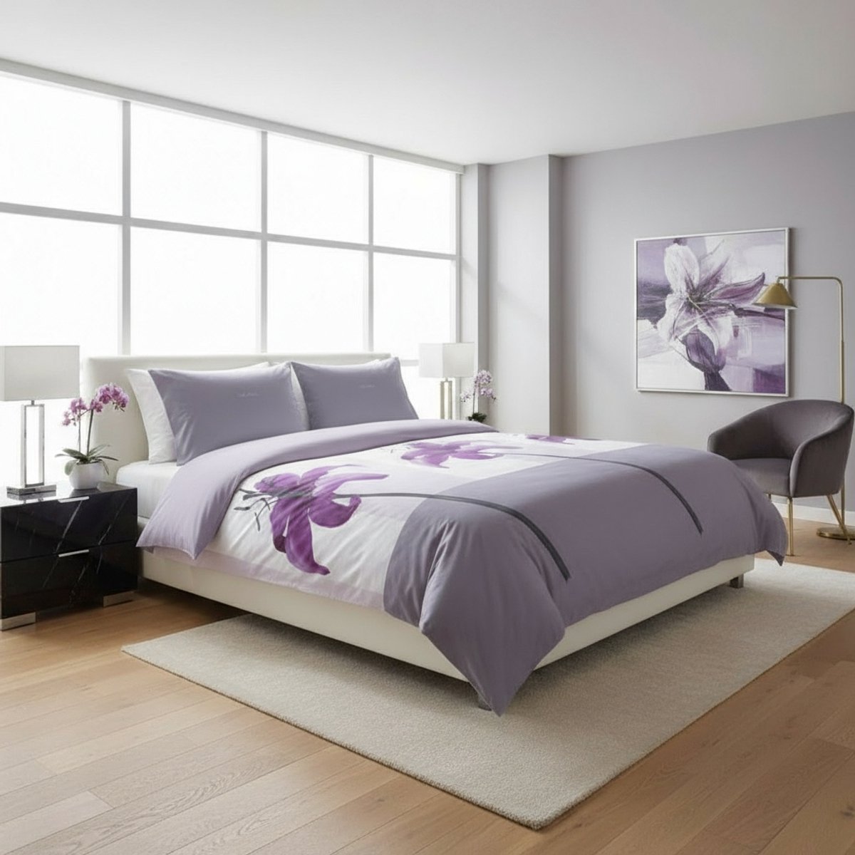 SENZA DONNA 100% Katoen Satijn Dekbedovertrek 200x200/220-2x60x70 cm ( 260 cm Lang ) LILY OF LOVE GREY