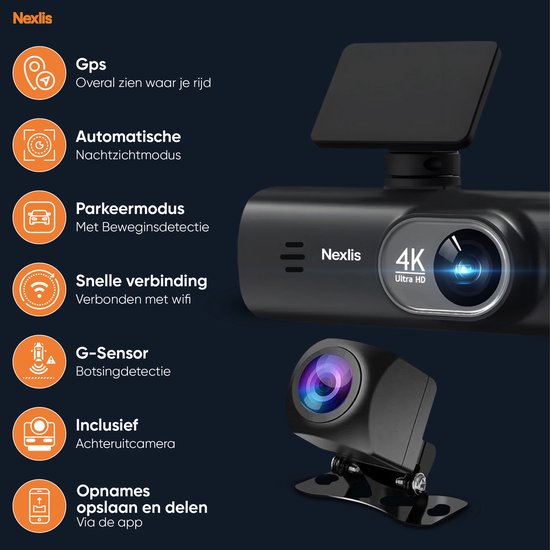 Nexlis 4K dashcam met GPS, nachtzicht, parkeermodus, WiFi en G-sensor, inclusief achteruitrijcamera.