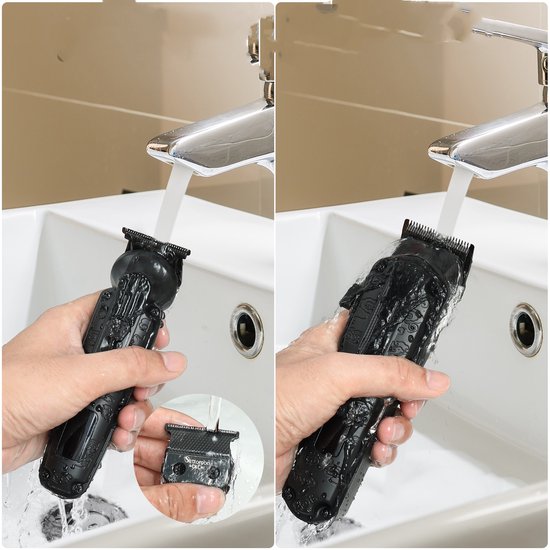 Demonstratie van het schoonmaken van de Scttomon tondeuse onder de kraan, inclusief een losse opzetkop.