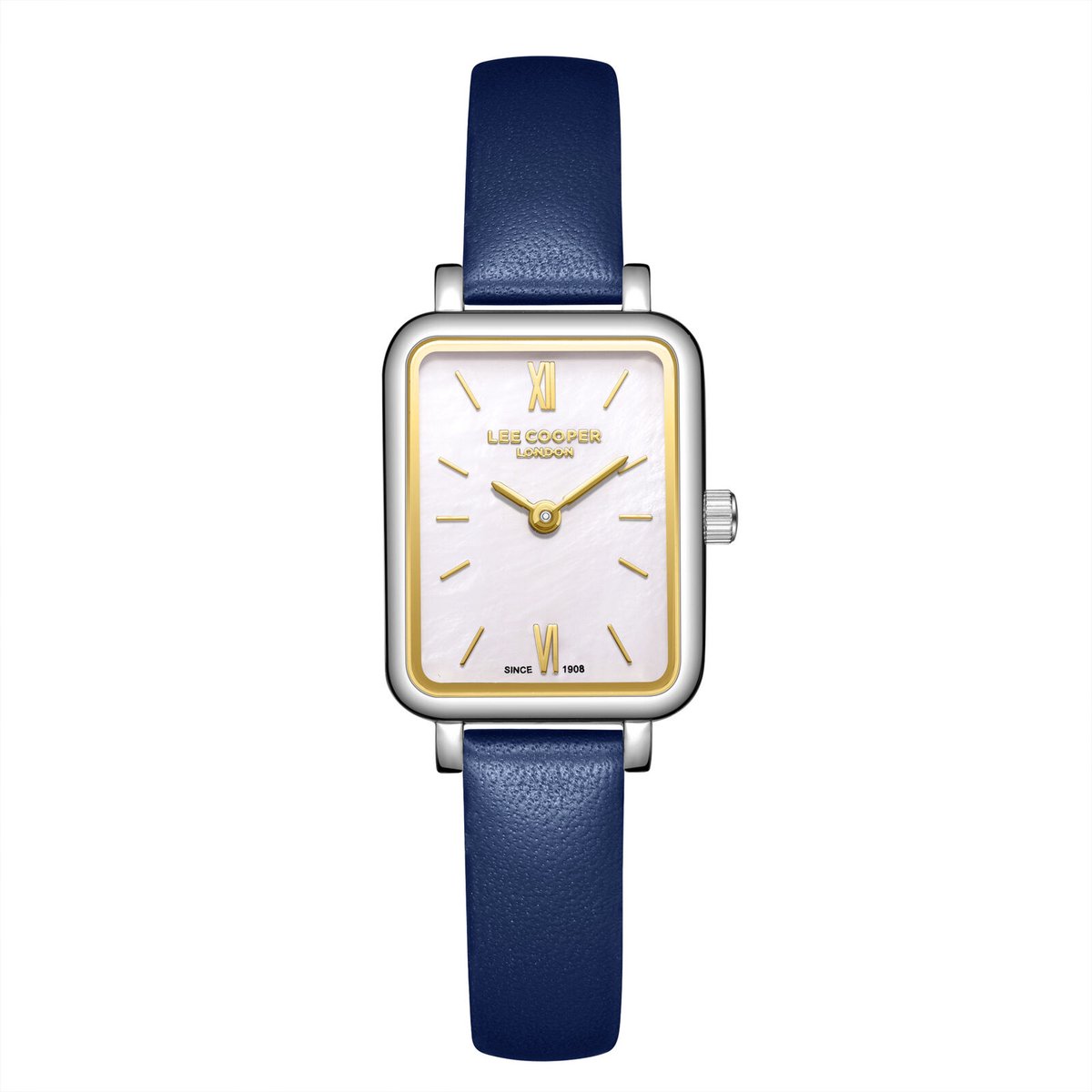 Lee Cooper LC08208.329 - Horloge - Polshorloge - Analoog - Dames - Vrouwen - Leren band - Metaal - Vierkant - Romeinse cijfers - Donkerblauw - Zilverkleurig - Goudkleurig - Wit