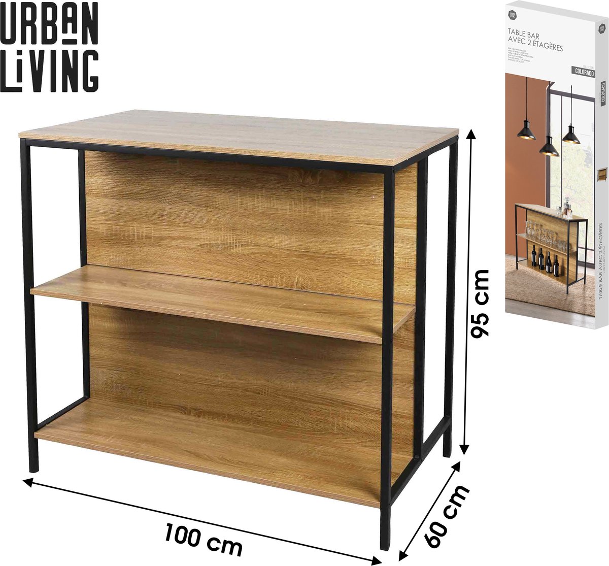 Urban Living "COLORADO" TABLE BAR AVEC 2 ETAGERES 100X60XH95CM Zwart en Sonoma eiken