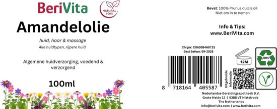 Witte fles BeriVita Amandelolie 100ml met gedetailleerd etiket, bloemen, tekst, barcode en keurmerken.