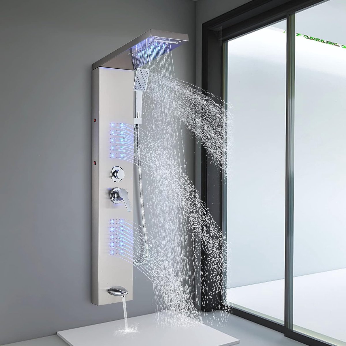 Toersysteem van het douchepaneel, LED-regeneffect cascade douchepom, bad met massagestralen met groot oppervlak, roestvrijstalen douchekolom voor badkamer, nikkel geborsteld
