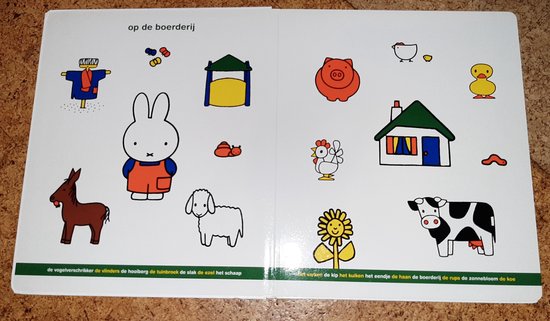 Boerderij met Miffy, schaap, geit, varken, kip, kuiken, eend, koe, boer en molen.