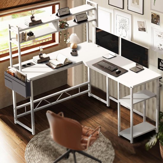 Gaming Bureau - Hoekbureau L-vorm - Thuiswerken Organiseren - Geïntegreerde Oplaadpoorten - 140 x 120 cm - Wit — afbeelding 4