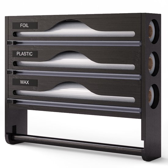 Boîte de découpe pour film plastique, support de rangement pour cuisine, avec cutter et étiquette, conteneur multifonctionnel peu encombrant, boîte de découpe pour film plastique (Zwart)