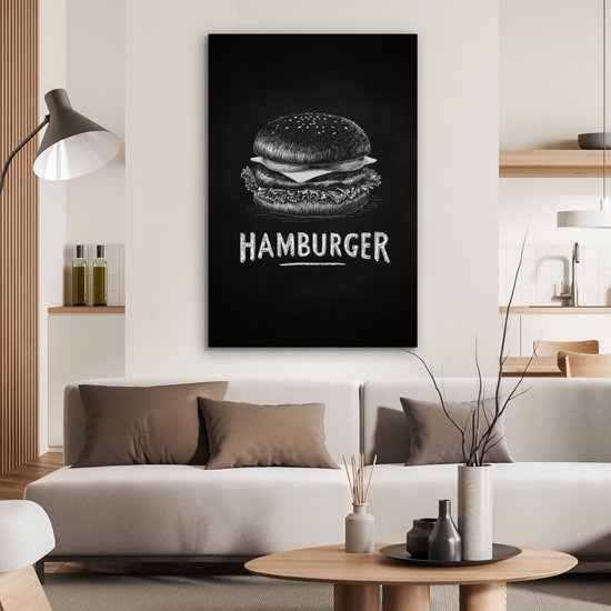 Aluminium schilderij 60x90 cm - Wanddecoratie metaal - Hamburger - Krijttekst - Zwart - Wit - Metalen muurdecoratie woonkamer - Decoratie industrieel - Foto op dibond - Industriële accessoires slaapkamer