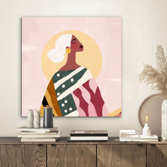 Aluminium schilderij 50x50 cm - Wanddecoratie metaal - Vrouw - Zon - Kleurrijk - Metalen muurdecoratie woonkamer - Decoratie industrieel - Foto op dibond - Industriële accessoires slaapkamer