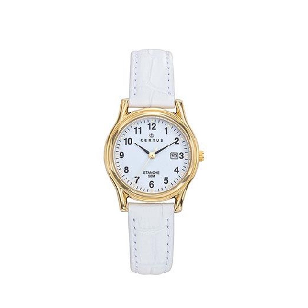 Certus-dameshorloge-model 646606-goudkleurig-datum-wit lederen band-5 atm waterdicht-diameter 28mm-made in France