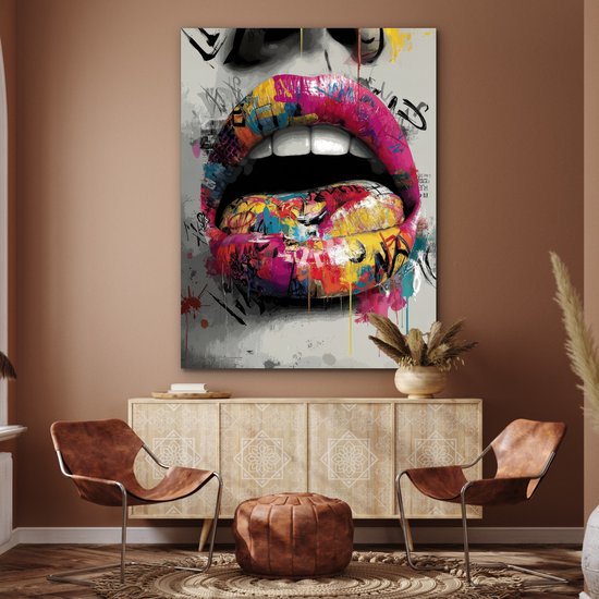 Tableau sur aluminium 120x160 cm - Décoration murale en métal - Lèvres - Graffiti - Expressif - Décoration murale en métal pour salon - Décoration industrielle - Photo sur Dibond - Accessoires industriels pour chambre