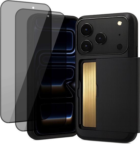 Étui iPhone noir avec un compartiment coulissant pour cartes et deux protecteurs d'écran de confidentialité à côté.