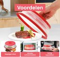 Voordelen: sappig eten, minder schoonmaken, veilig oppakken. Rode inklapbare magnetrondeksel op een bord met steak.