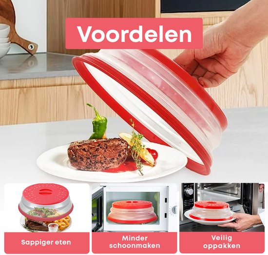 Voordelen: sappig eten, minder schoonmaken, veilig oppakken. Rode inklapbare magnetrondeksel op een bord met steak.
